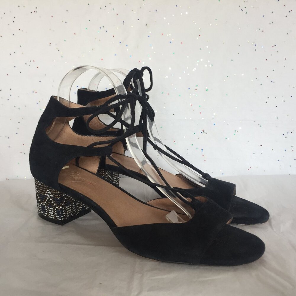 Bettye Black Suede Stappy Mosaic Heel Sandals Bohemian Resort Festival Sz 10